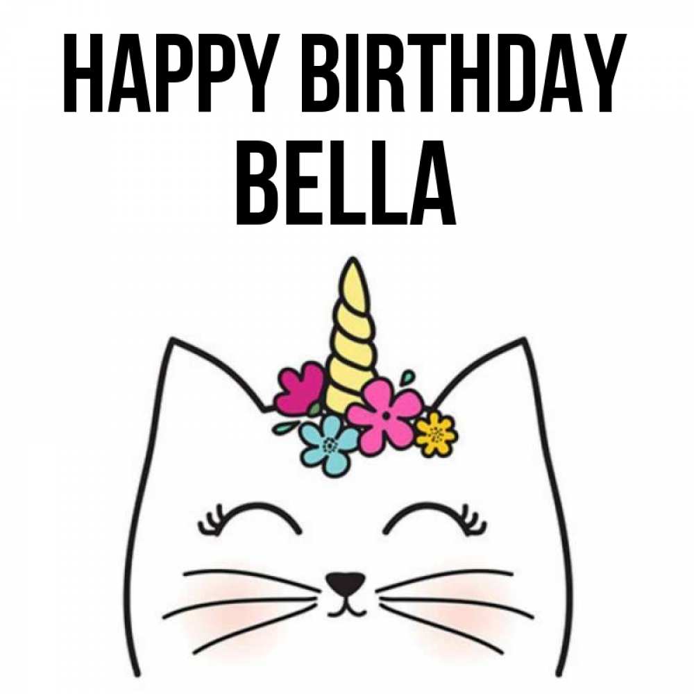 Greetings card с именем, Bella Happy Birthday милый кот с одним рожком Greetings with text for free download 