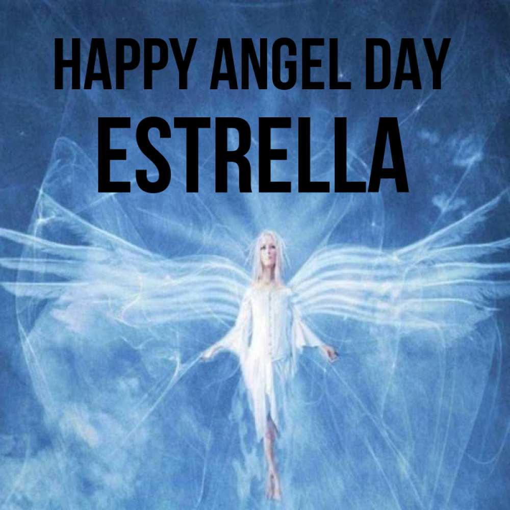 Greetings card с именем, Estrella happy angel day голубой фон и крылья как у стрекозы Greetings with text for free download 