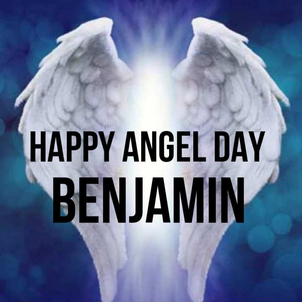 Greetings card с именем, Benjamin happy angel day синий фон и крылышки Greetings with text for free download 