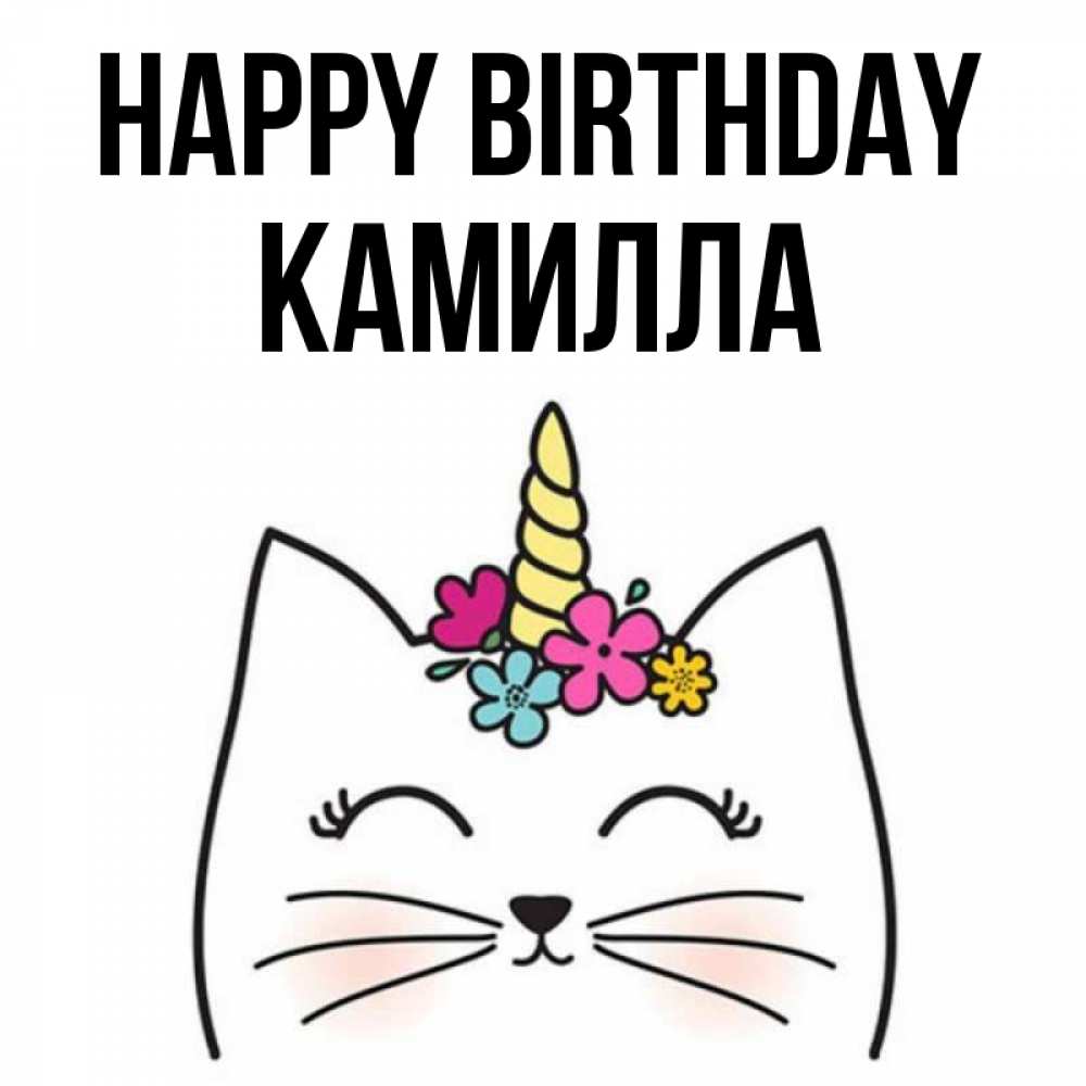 Greetings card с именем, Камилла Happy Birthday милый кот с одним рожком Greetings with text for free download 