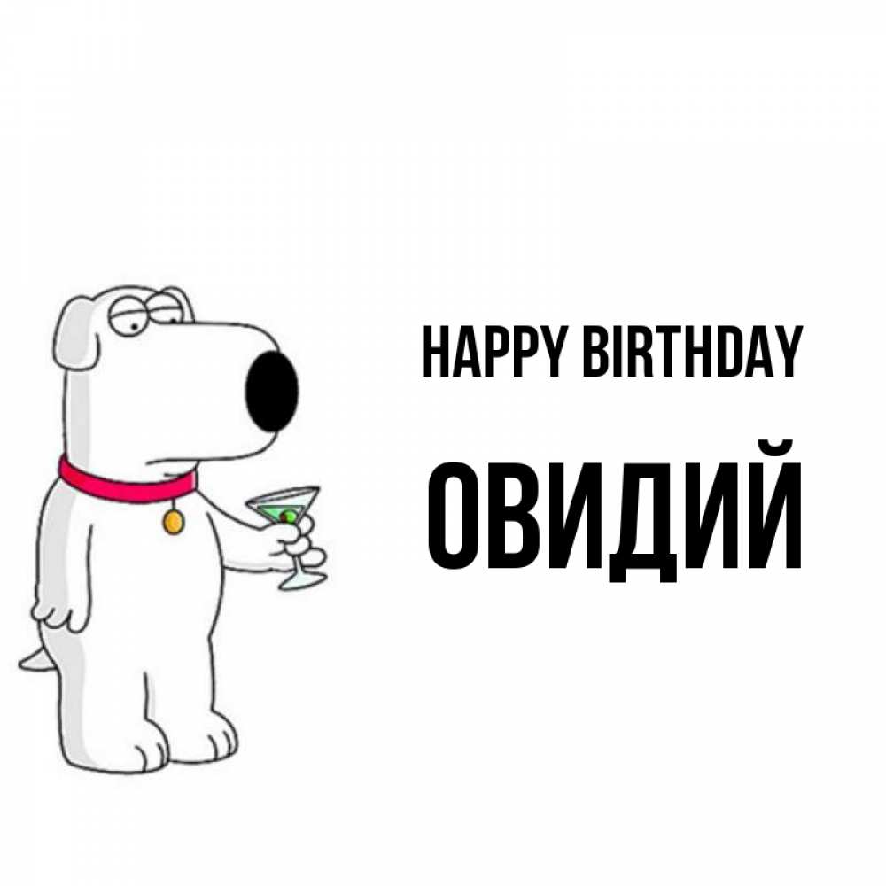 Greetings card с именем, Овидий Happy Birthday песик с оливками Greetings with text for free download 