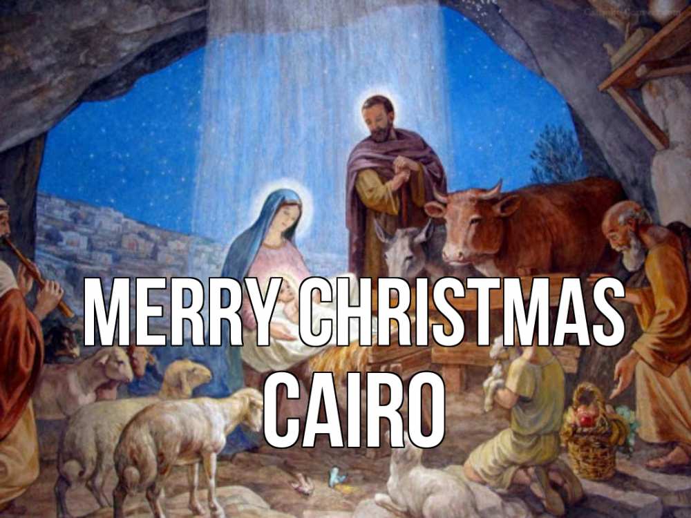 Greetings card с именем, Cairo Merry Christmas Хлев с животными, Иисус, рождество Greetings with text for free download 