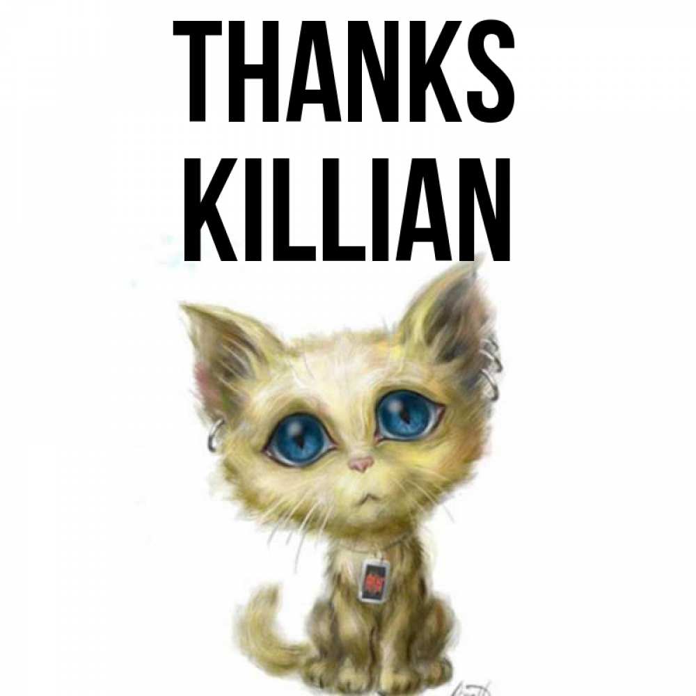 Greetings card с именем, Killian Thanks рисованный кот благодарит вас Greetings with text for free download 