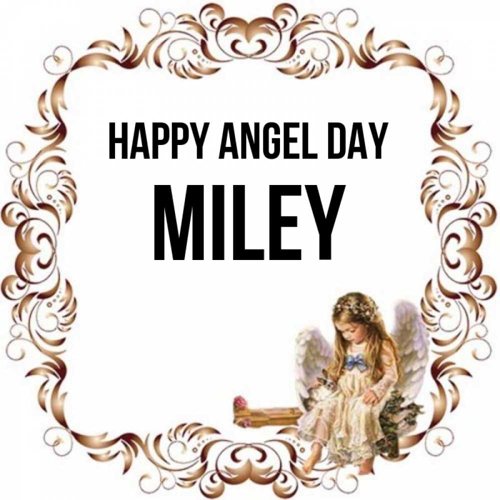 Greetings card с именем, Miley happy angel day рамочка из перьев и ангелочек Greetings with text for free download 