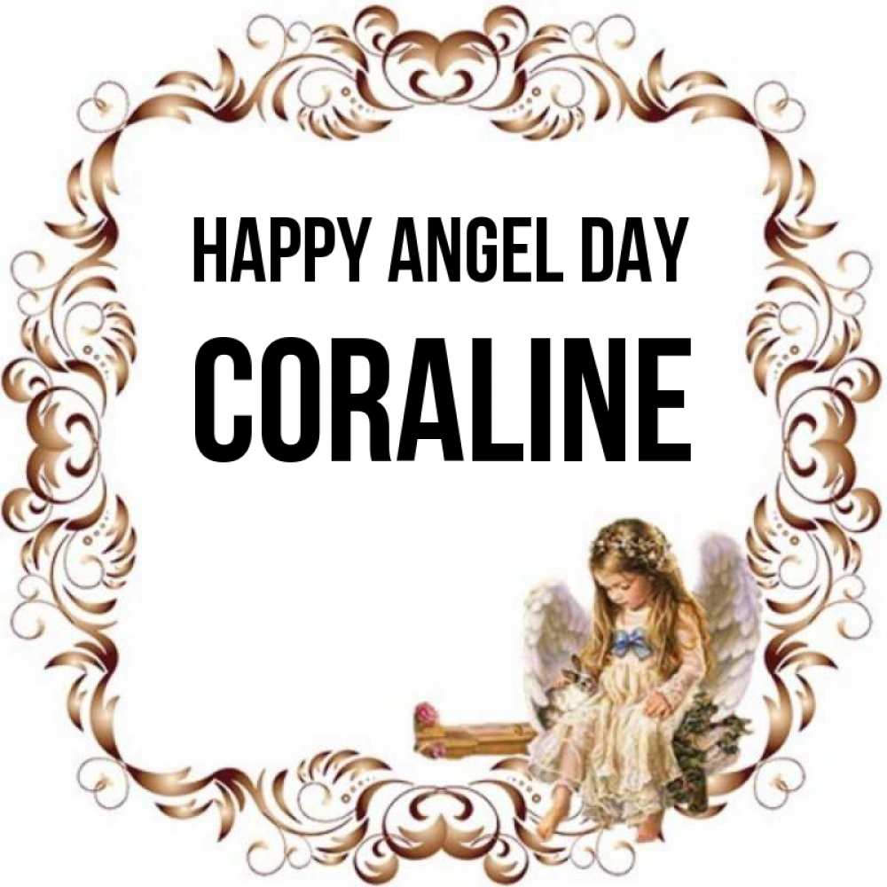 Greetings card с именем, Coraline happy angel day рамочка из перьев и ангелочек Greetings with text for free download 