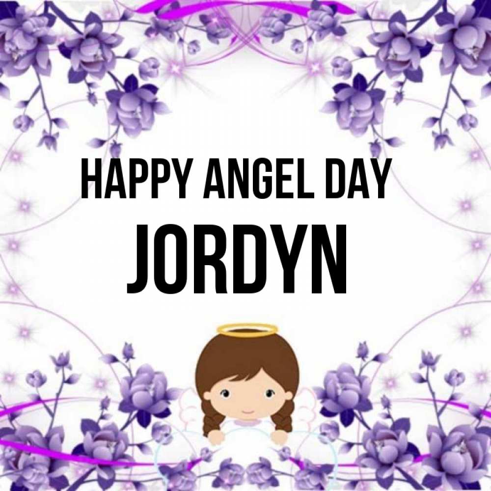 Greetings card с именем, Jordyn happy angel day с именинами в рамочке Greetings with text for free download 