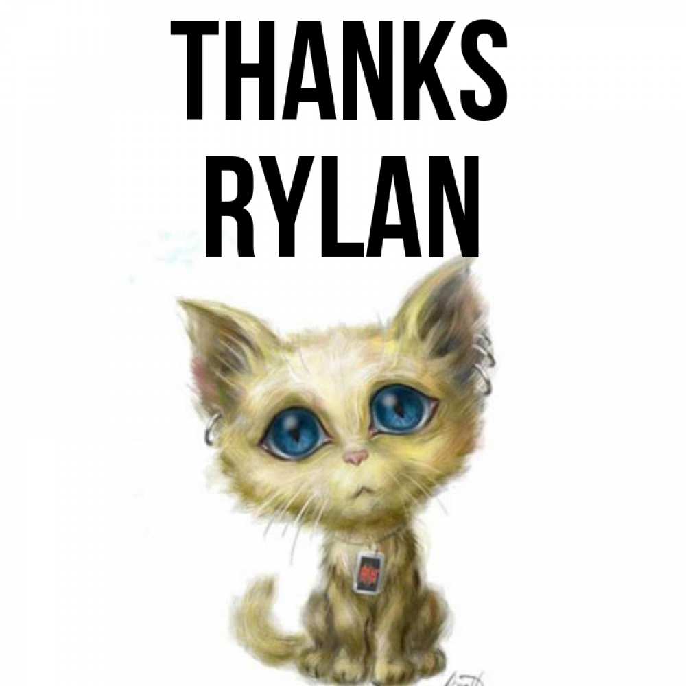 Greetings card с именем, Rylan Thanks рисованный кот благодарит вас Greetings with text for free download 