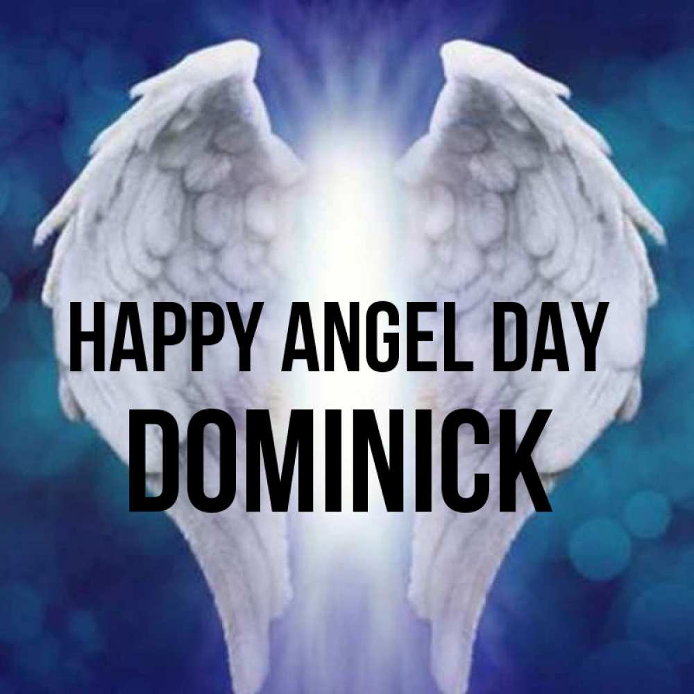 Greetings card с именем, Dominick happy angel day синий фон и крылышки Greetings with text for free download 
