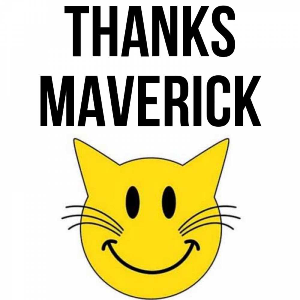 Greetings card с именем, Maverick Thanks улыбающийся смайл кот Greetings with text for free download 