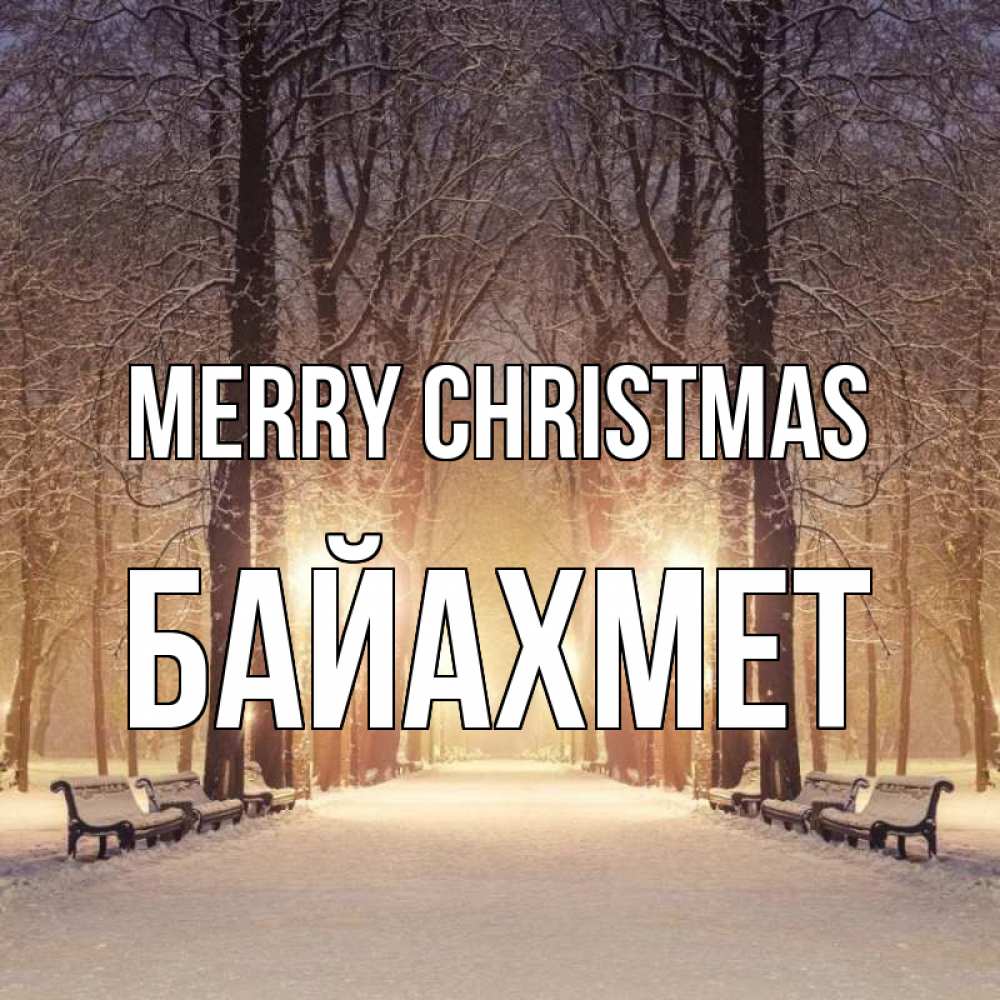 Greetings card с именем, Байахмет Merry Christmas зима, парк, фонарь, лес Greetings with text for free download 