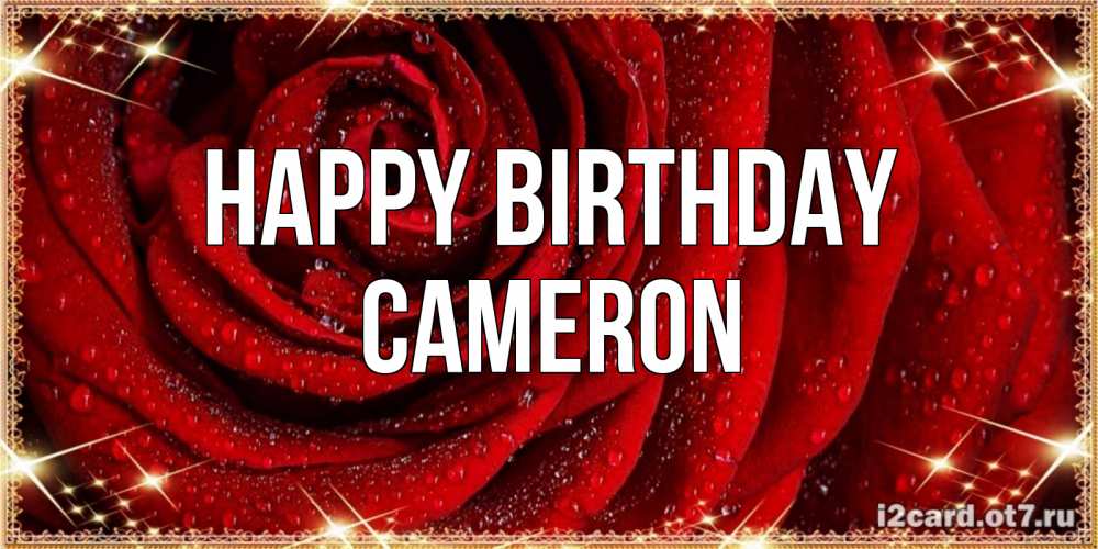 Greetings card с именем, Cameron Happy Birthday роса на розе блестящая в лучах солнца Greetings with text for free download 