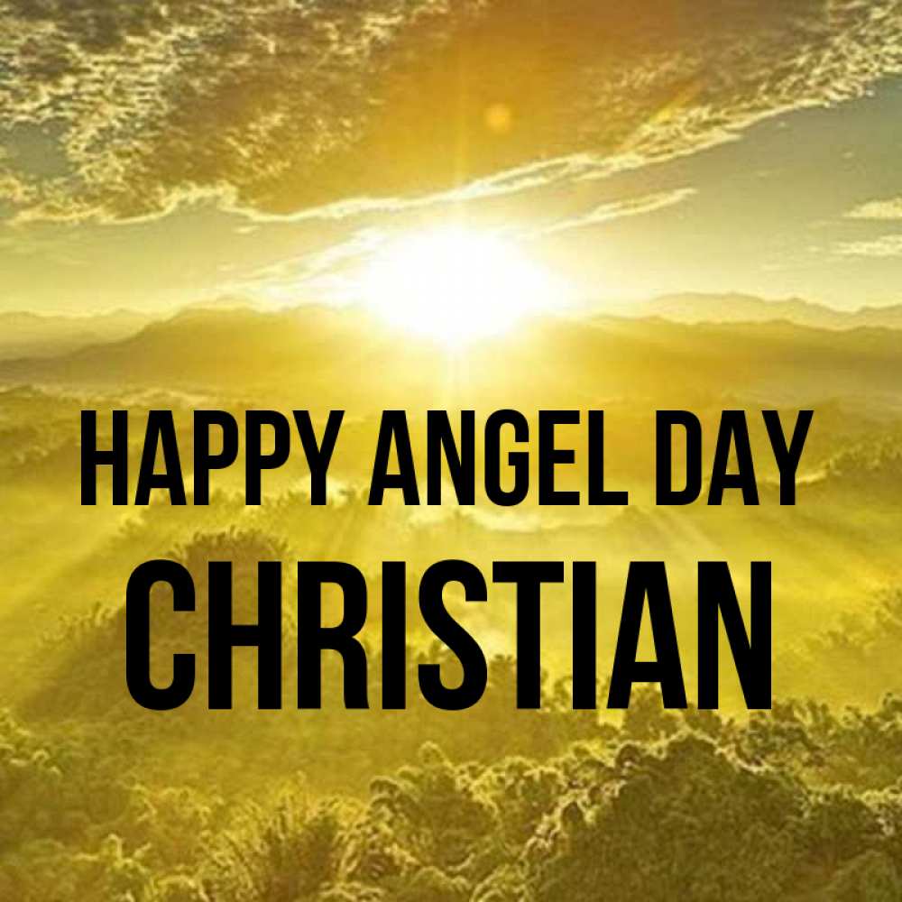 Greetings card с именем, Christian happy angel day леса и небо в желтом Greetings with text for free download 