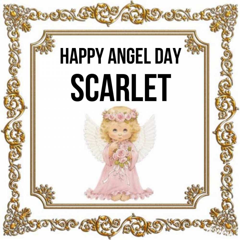 Greetings card с именем, Scarlet happy angel day девочка ангел с крыльями и цветами в розовом платье Greetings with text for free download 