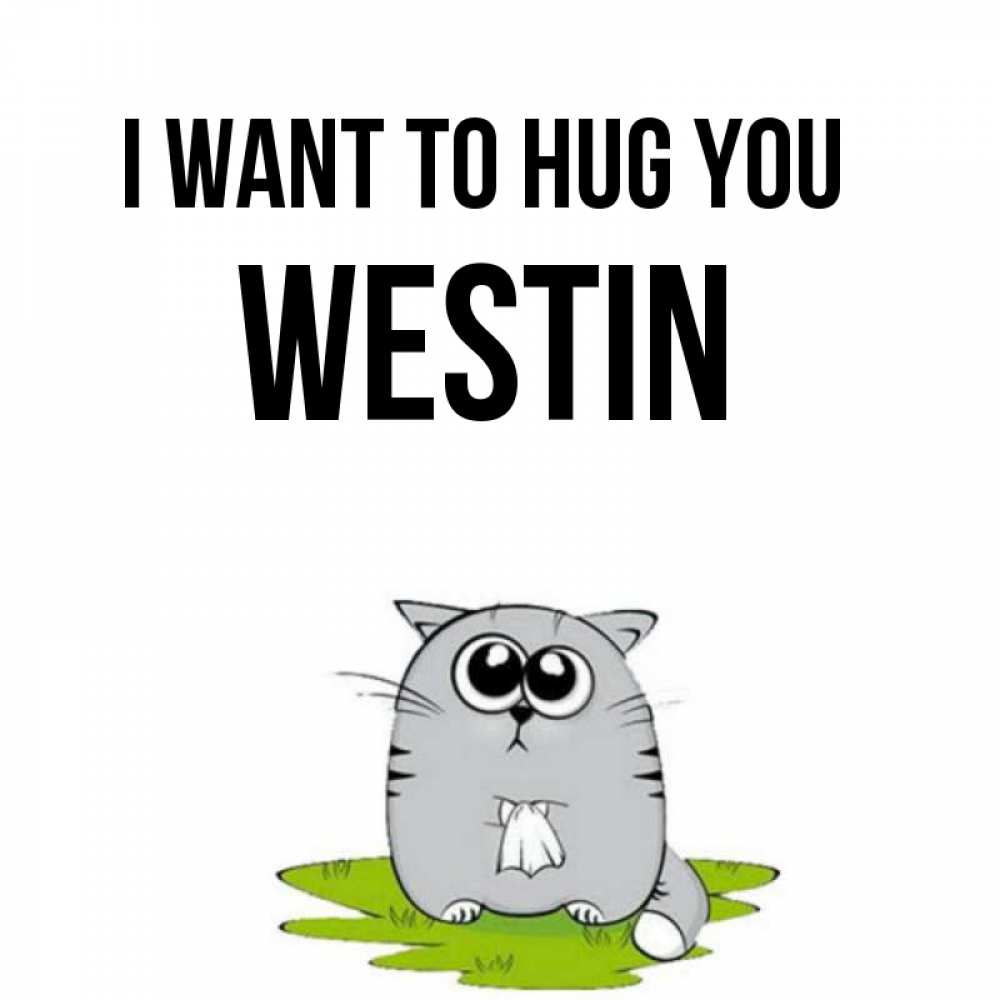 Greetings card с именем, Westin I want to hug you котик теребит платочек сидя на травке Greetings with text for free download 