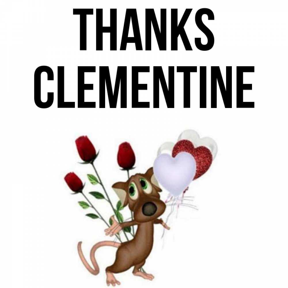Greetings card с именем, Clementine Thanks песик с шариками в форме сердец Greetings with text for free download 