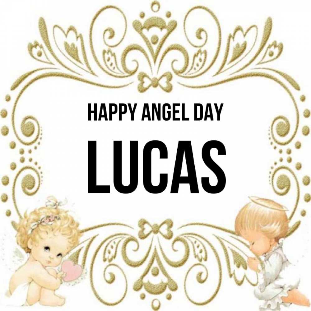 Greetings card с именем, Lucas happy angel day с именинами поздравляют два красивых ангела. Один с сердечком другой молится Greetings with text for free download 