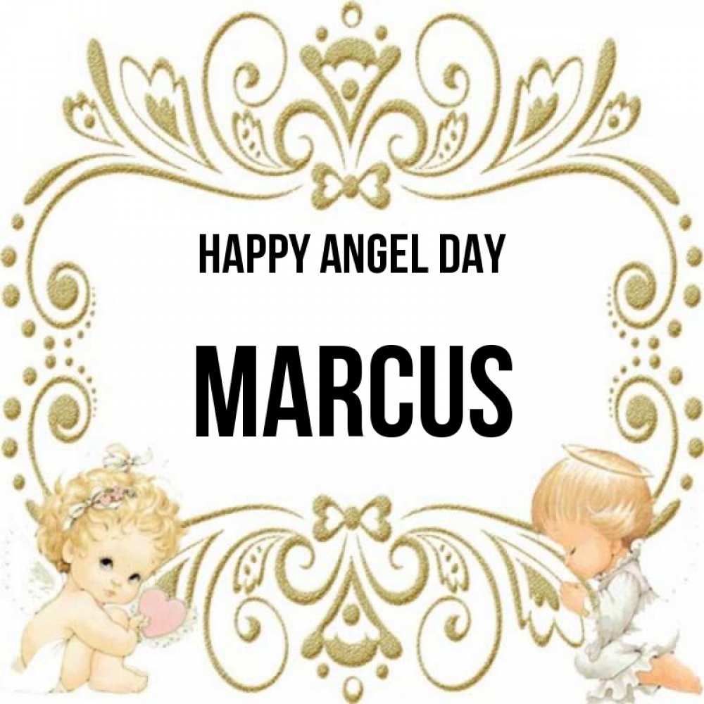 Greetings card с именем, Marcus happy angel day с именинами поздравляют два красивых ангела. Один с сердечком другой молится Greetings with text for free download 