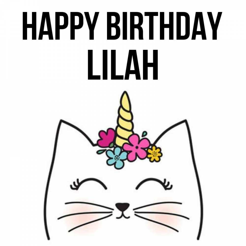 Greetings card с именем, Lilah Happy Birthday милый кот с одним рожком Greetings with text for free download 