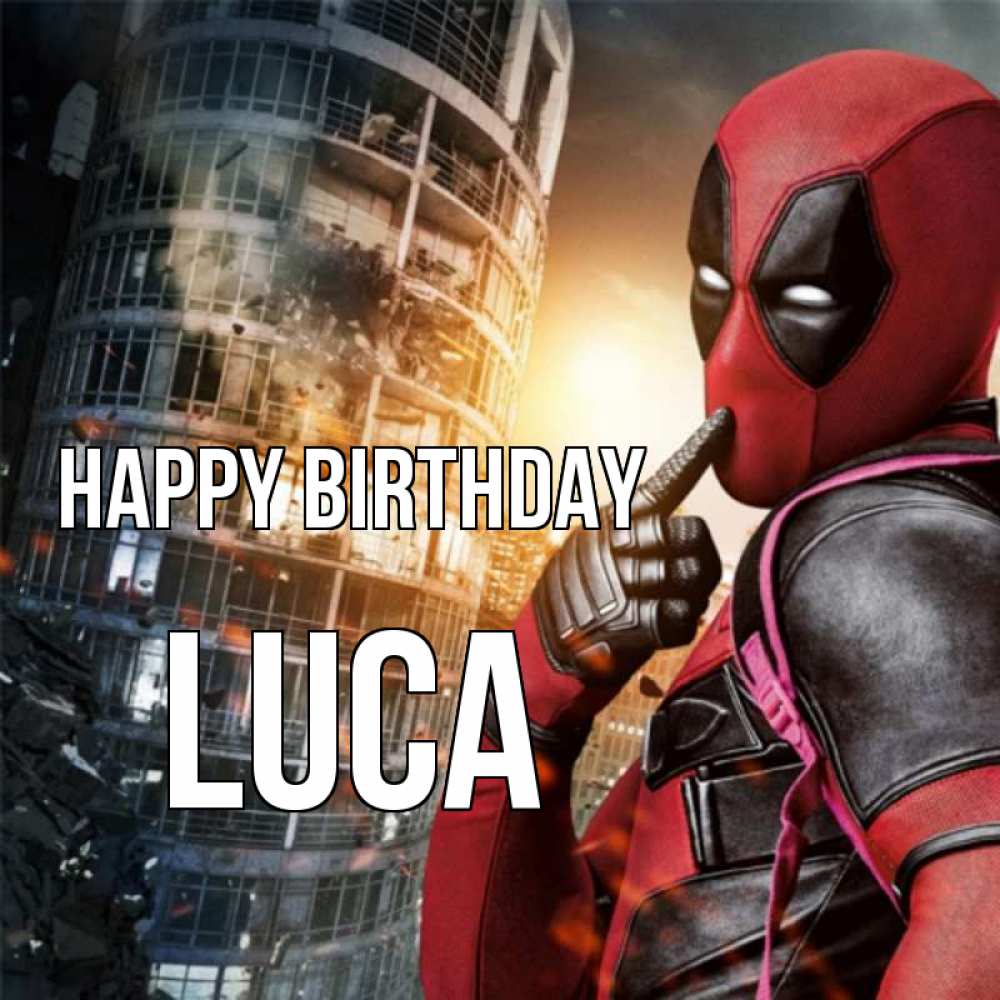 Greetings card с именем, Luca Happy Birthday с супергероями Greetings with text for free download 