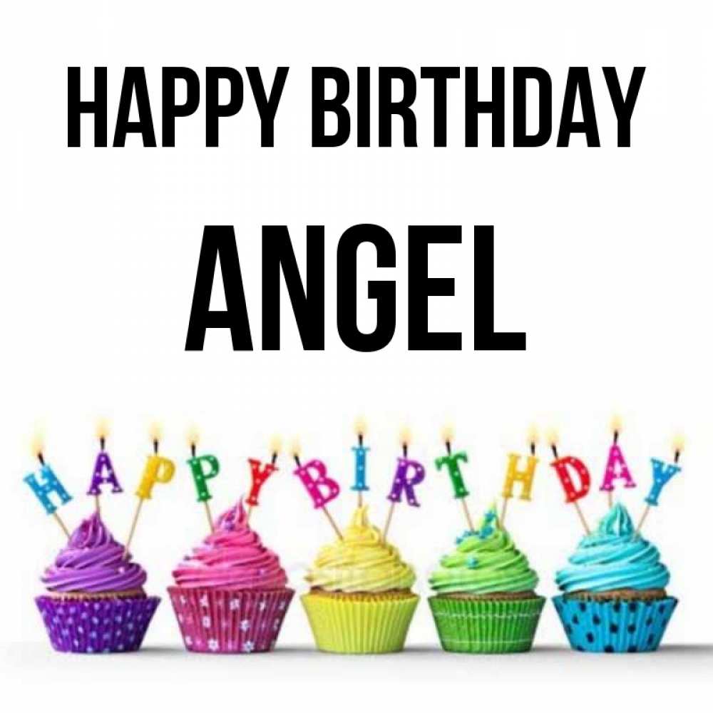 Greetings card с именем, Angel Happy Birthday открытка ко дню рождения с разноцветными вкусняшками Greetings with text for free download 