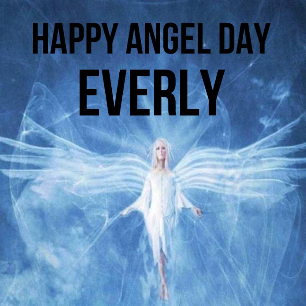 Greetings card с именем, Everly happy angel day голубой фон и крылья как у стрекозы Greetings with text for free download 