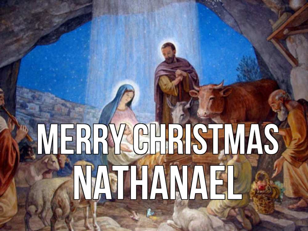 Greetings card с именем, Nathanael Merry Christmas Хлев с животными, Иисус, рождество Greetings with text for free download 
