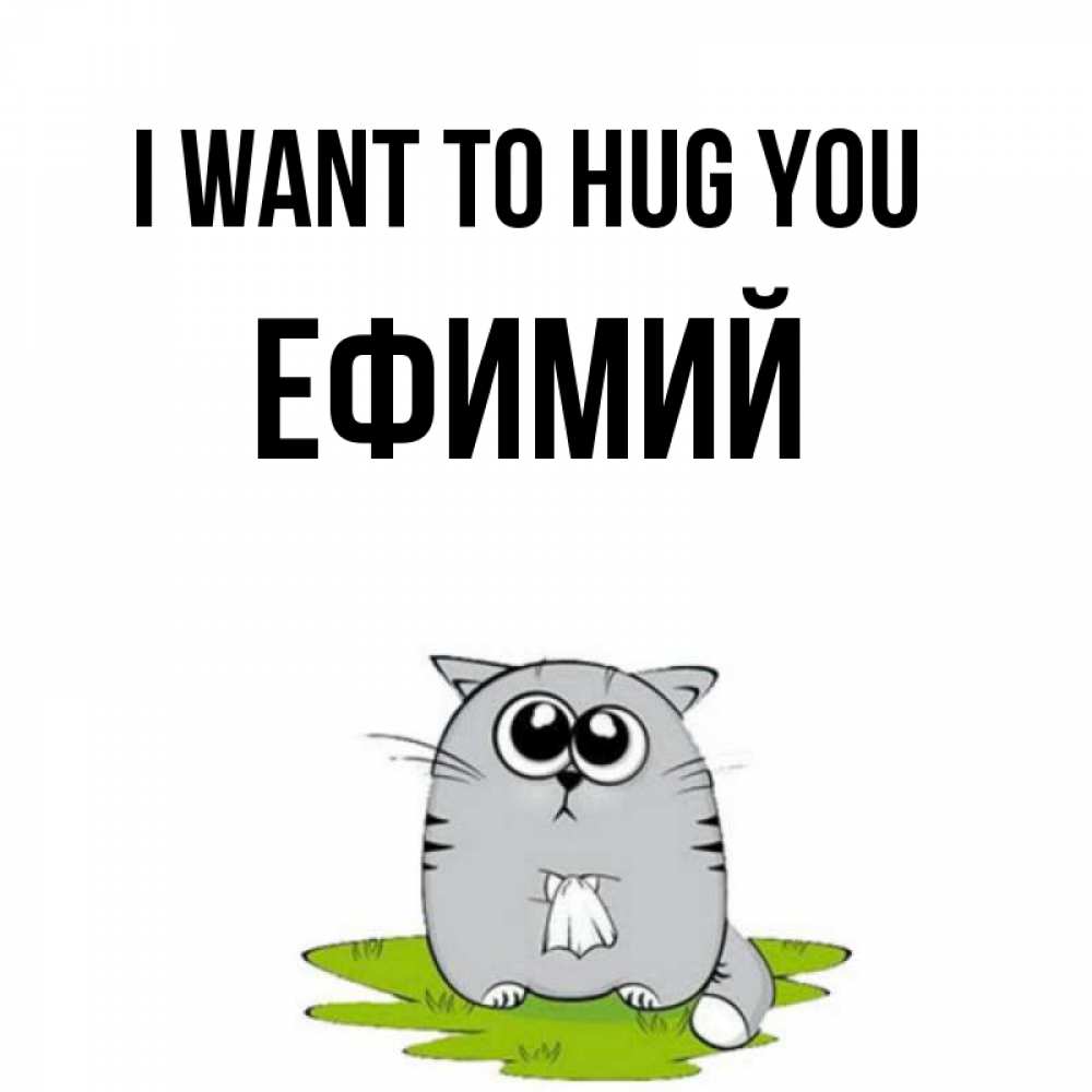 Greetings card с именем, Ефимий I want to hug you котик теребит платочек сидя на травке Greetings with text for free download 