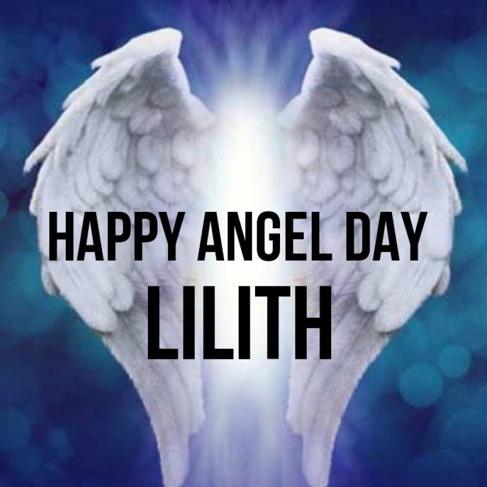Greetings card с именем, Lilith happy angel day синий фон и крылышки Greetings with text for free download 