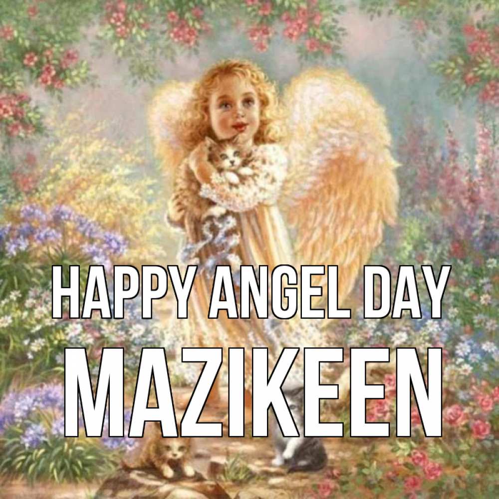 Greetings card с именем, Mazikeen happy angel day держит котенка Greetings with text for free download 