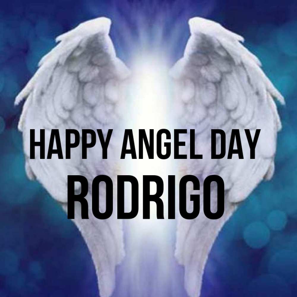 Greetings card с именем, Rodrigo happy angel day синий фон и крылышки Greetings with text for free download 