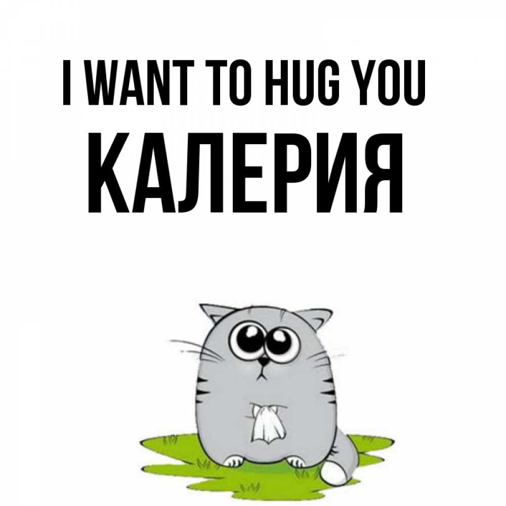 Greetings card с именем, Калерия I want to hug you котик теребит платочек сидя на травке Greetings with text for free download 