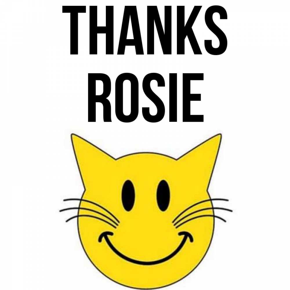 Greetings card с именем, Rosie Thanks улыбающийся смайл кот Greetings with text for free download 