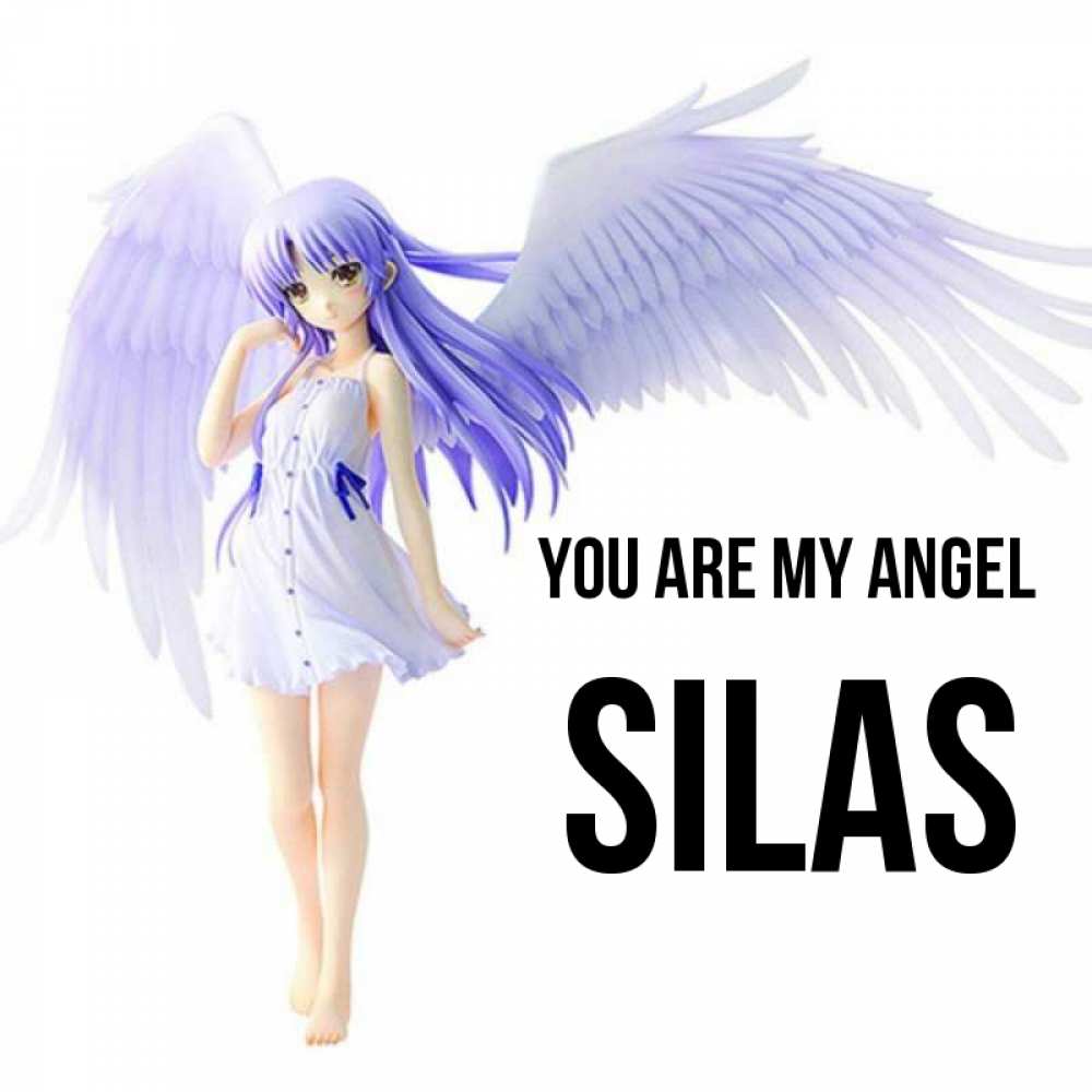 Greetings card с именем, Silas You are my angel девушка ангел с фиолетовыми крыльями Greetings with text for free download 