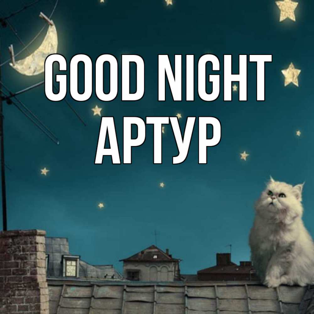 Greetings card с именем, Артур Good night белый кот сидит на крыше Greetings with text for free download 