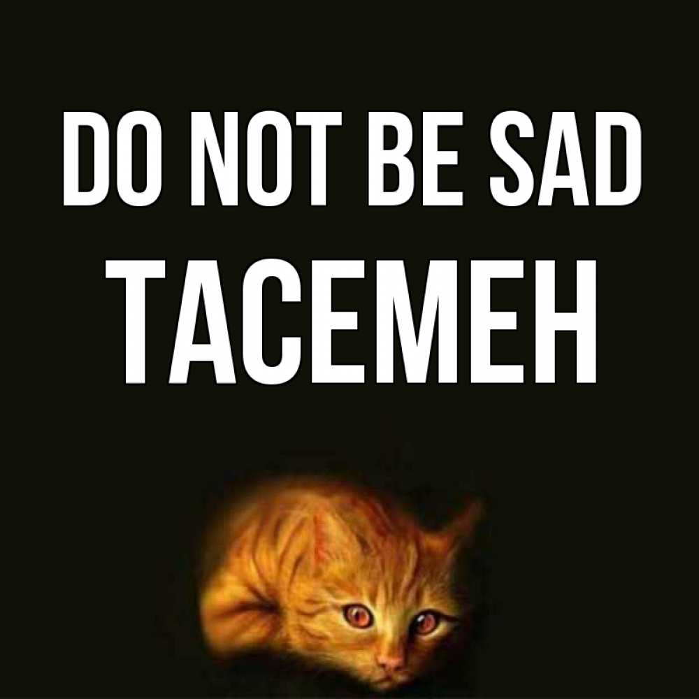 Greetings card с именем, ТАСЕМЕН Do not be sad лежащий кот в темноте Greetings with text for free download 