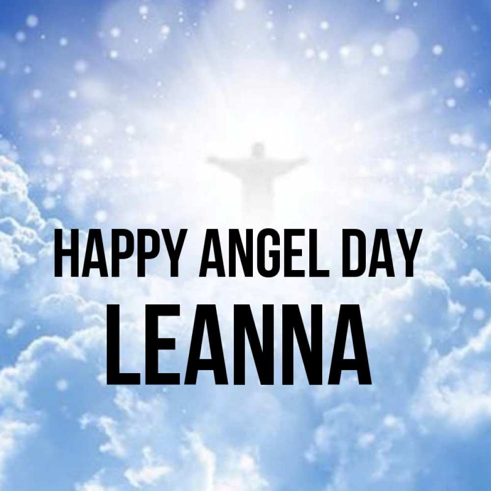 Greetings card с именем, Leanna happy angel day ангел на облаках в свете солнца Greetings with text for free download 