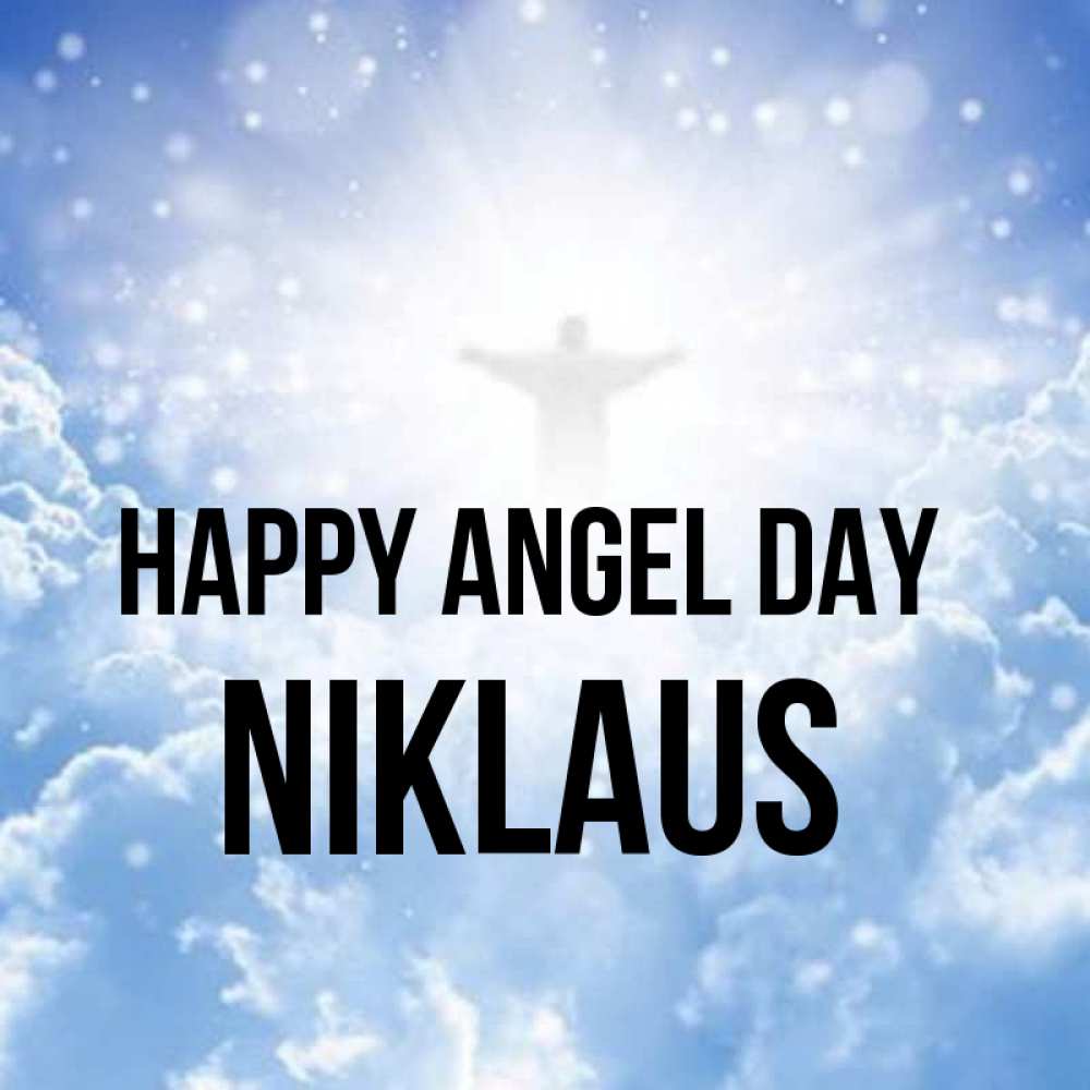 Greetings card с именем, Niklaus happy angel day ангел на облаках в свете солнца Greetings with text for free download 