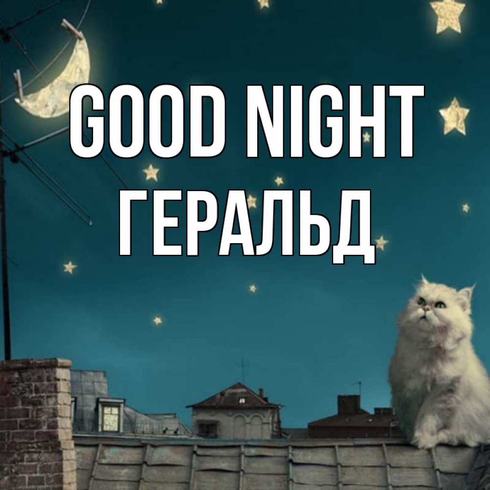 Greetings card с именем, Геральд Good night белый кот сидит на крыше Greetings with text for free download 