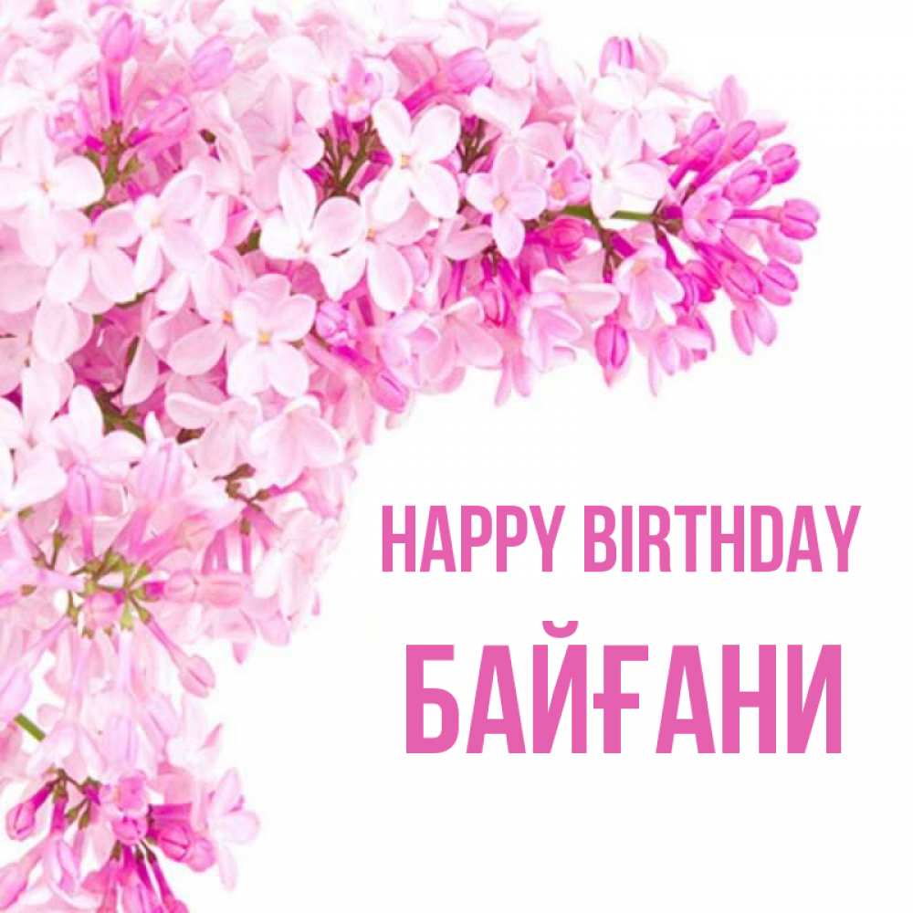 Greetings card с именем, Байғани Happy Birthday Сирень на белом фоне Greetings with text for free download 