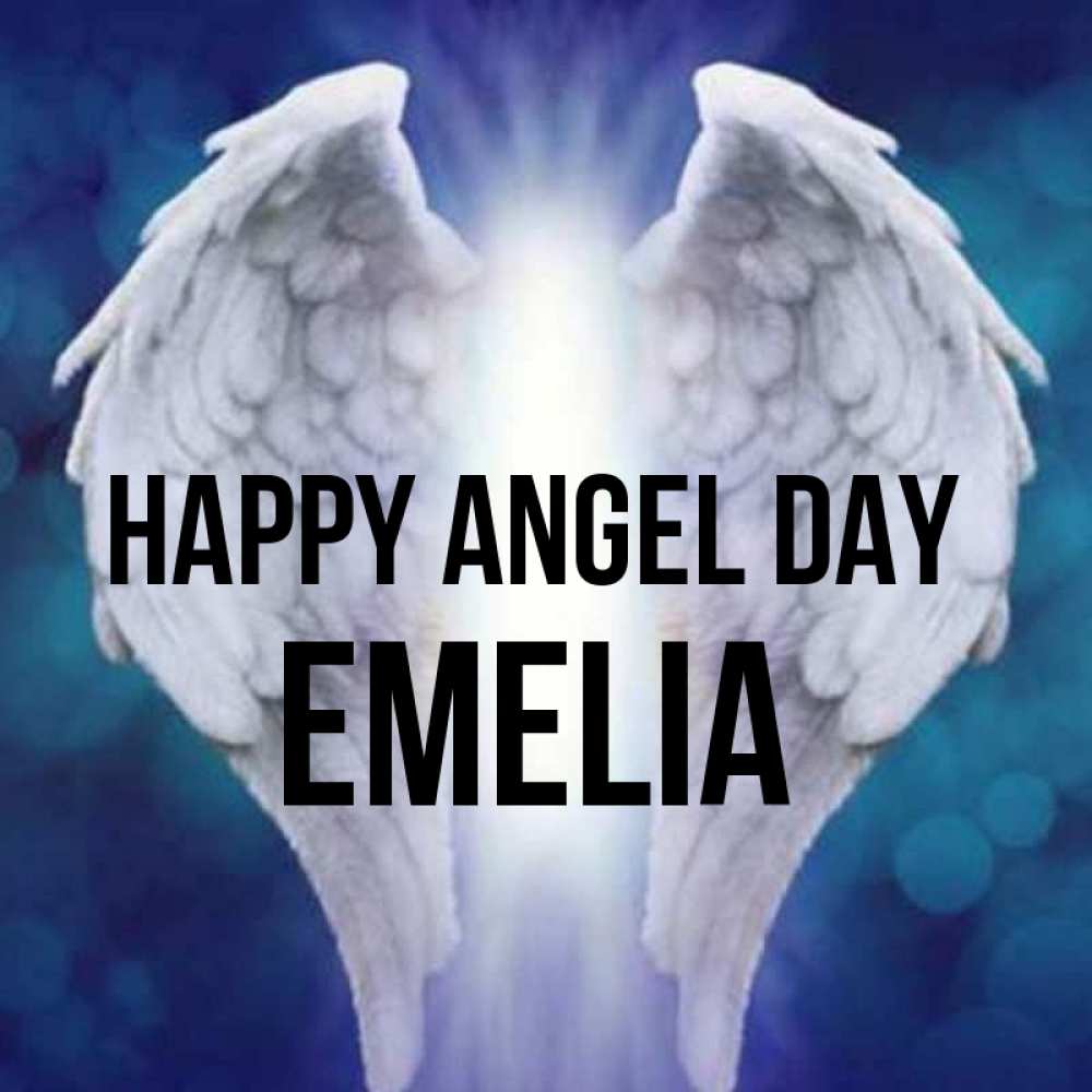 Greetings card с именем, Emelia happy angel day синий фон и крылышки Greetings with text for free download 