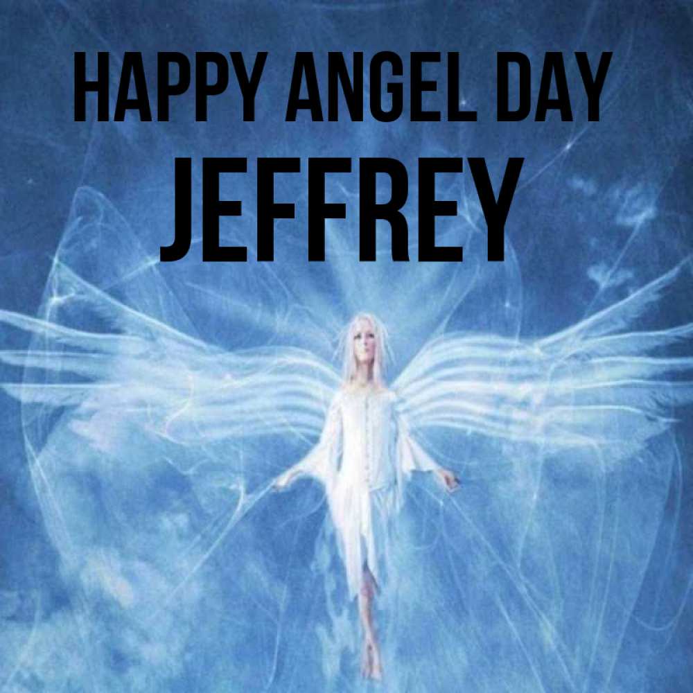 Greetings card с именем, Jeffrey happy angel day голубой фон и крылья как у стрекозы Greetings with text for free download 