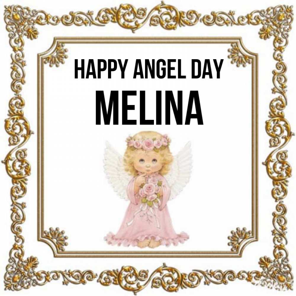 Greetings card с именем, Melina happy angel day девочка ангел с крыльями и цветами в розовом платье Greetings with text for free download 