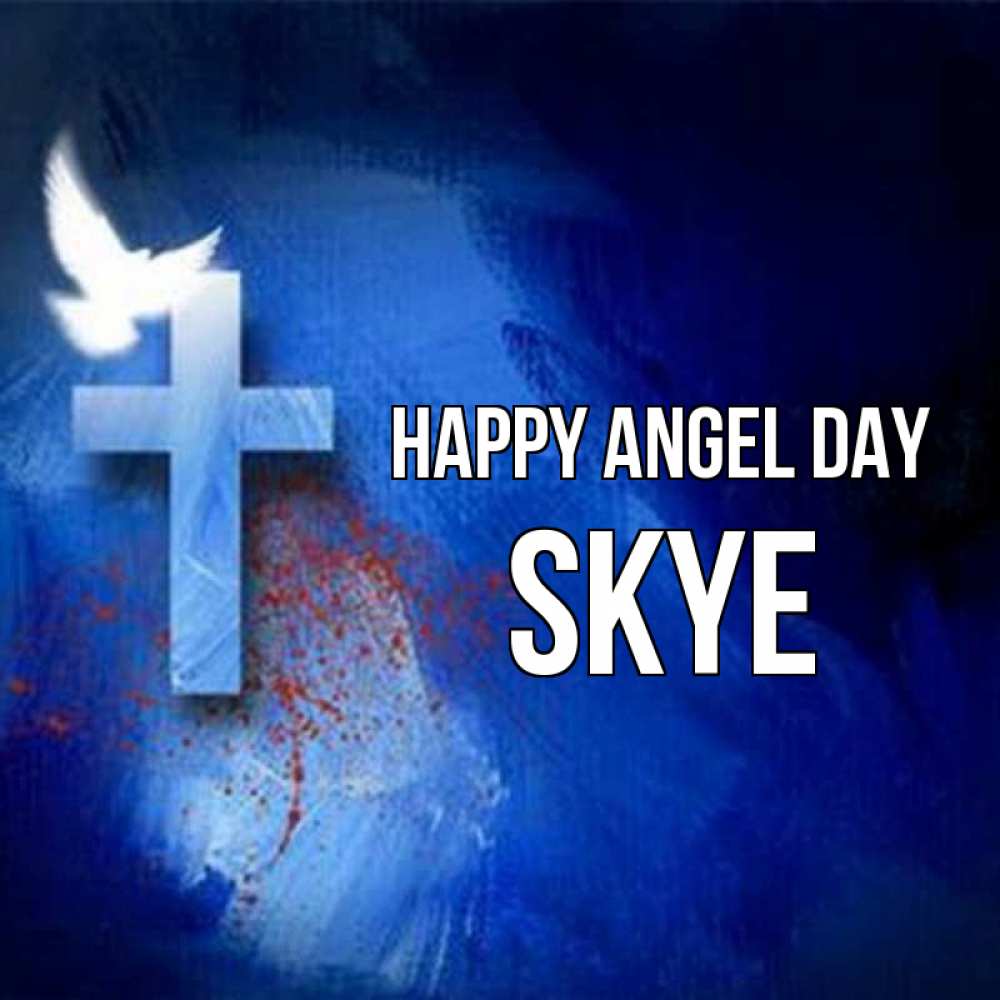 Greetings card с именем, Skye happy angel day Синий фон и птица Greetings with text for free download 