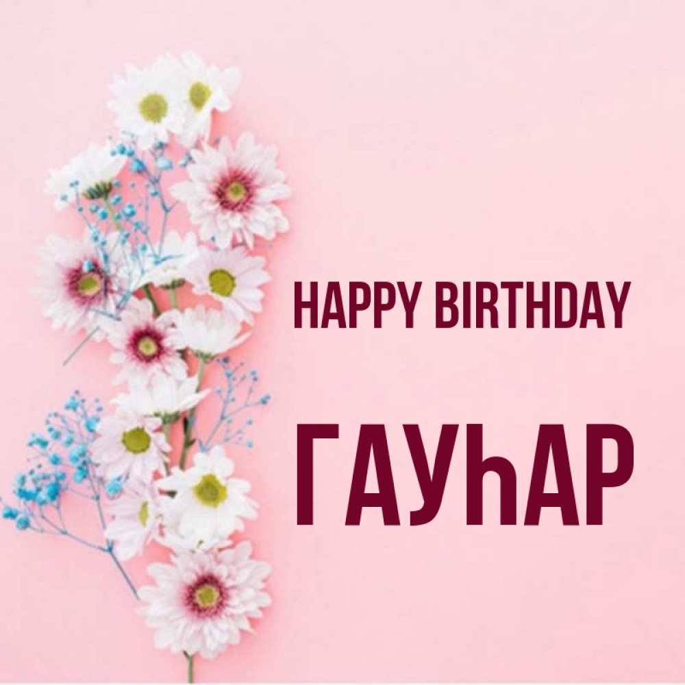 Greetings card с именем, Гауһар Happy Birthday Родная моя с днем рождения тебя картинка с цветами белыми и голубыми Greetings with text for free download 