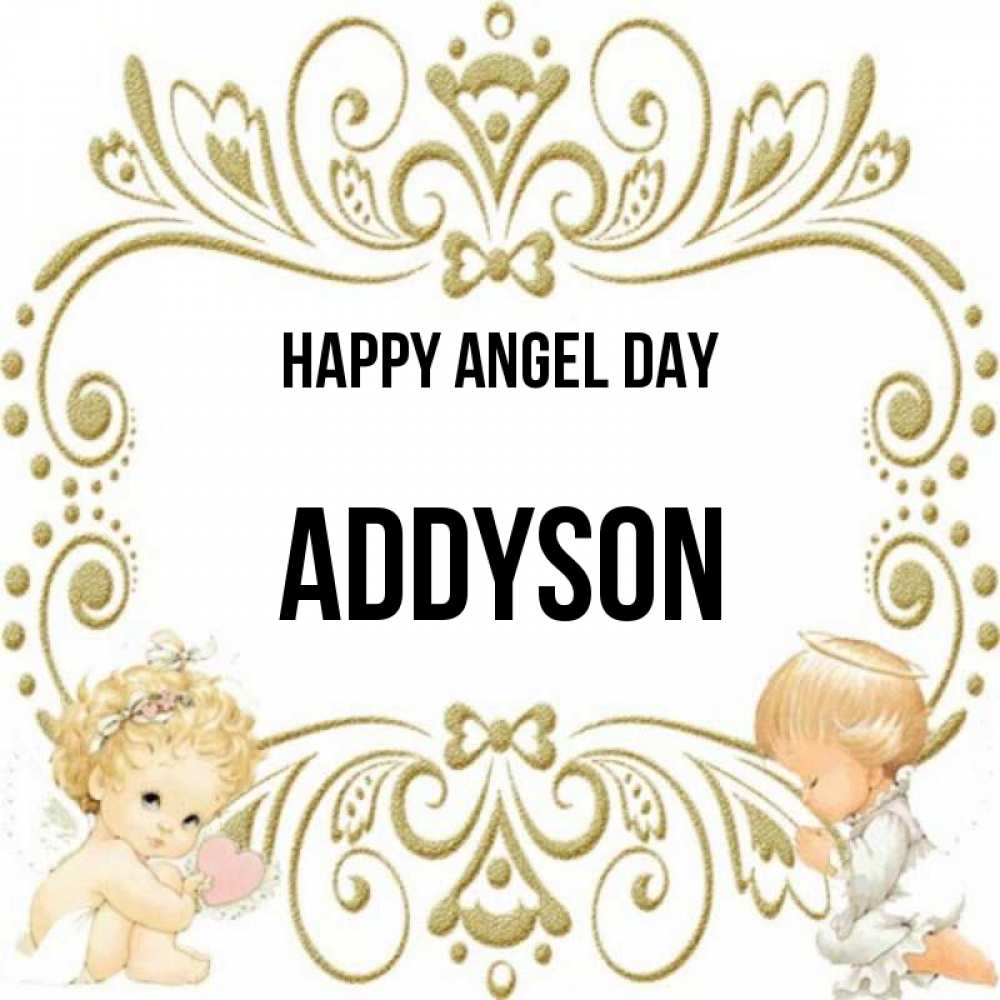 Greetings card с именем, Addyson happy angel day с именинами поздравляют два красивых ангела. Один с сердечком другой молится Greetings with text for free download 