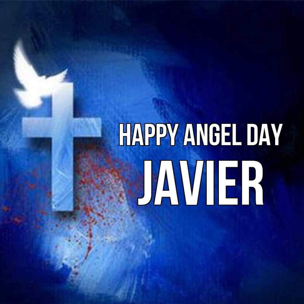 Greetings card с именем, Javier happy angel day Синий фон и птица Greetings with text for free download 