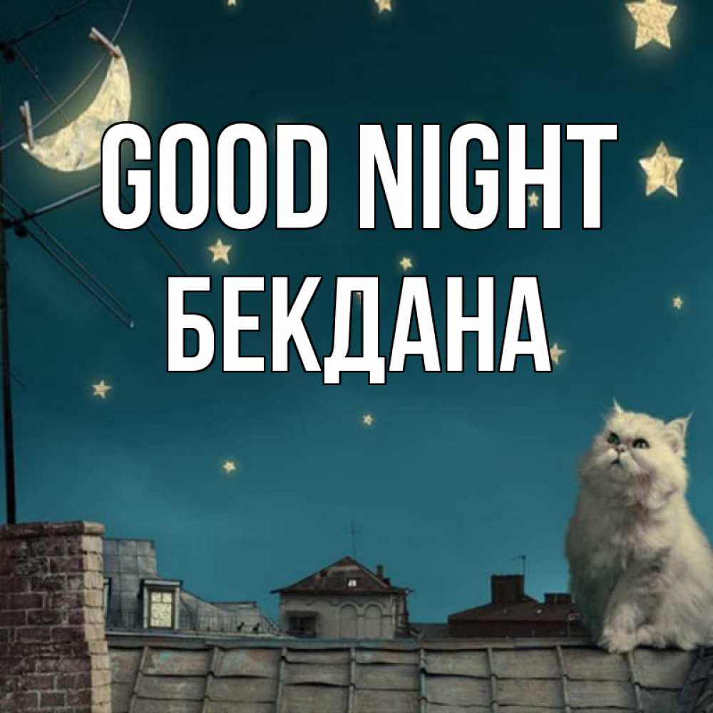 Greetings card с именем, БЕКДАНА Good night белый кот сидит на крыше Greetings with text for free download 