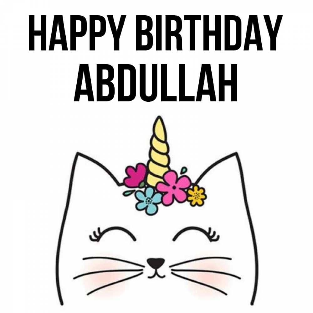 Greetings card с именем, Abdullah Happy Birthday милый кот с одним рожком Greetings with text for free download 