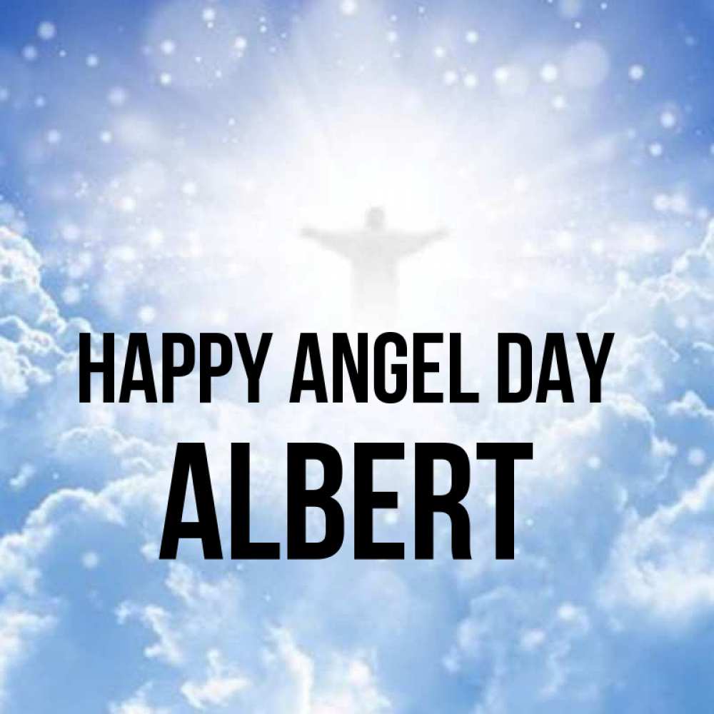 Greetings card с именем, Albert happy angel day ангел на облаках в свете солнца Greetings with text for free download 