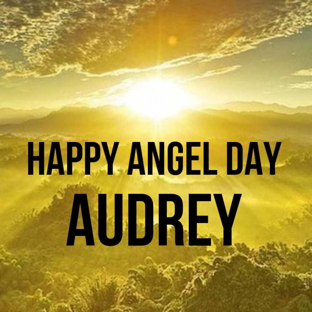 Greetings card с именем, Audrey happy angel day леса и небо в желтом Greetings with text for free download 